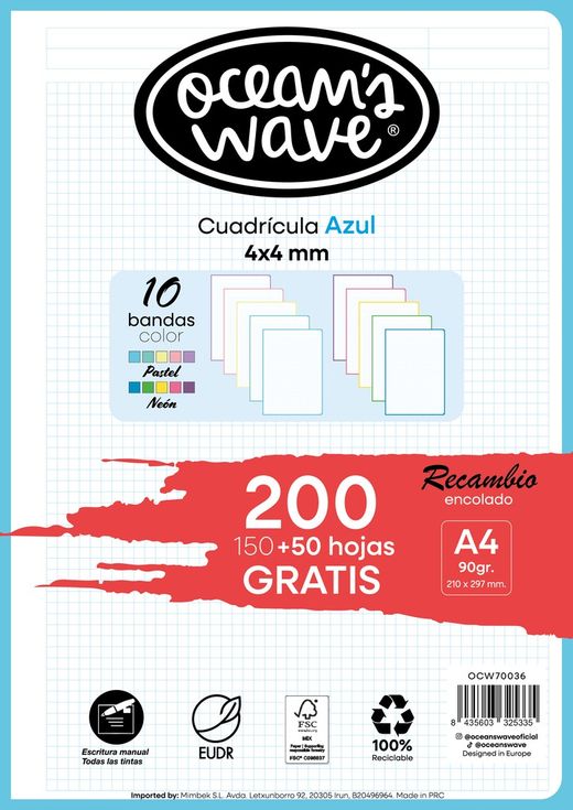 Recambio hojas cuadrícula 4x4 mm. 150 hojas+50 GRATIS