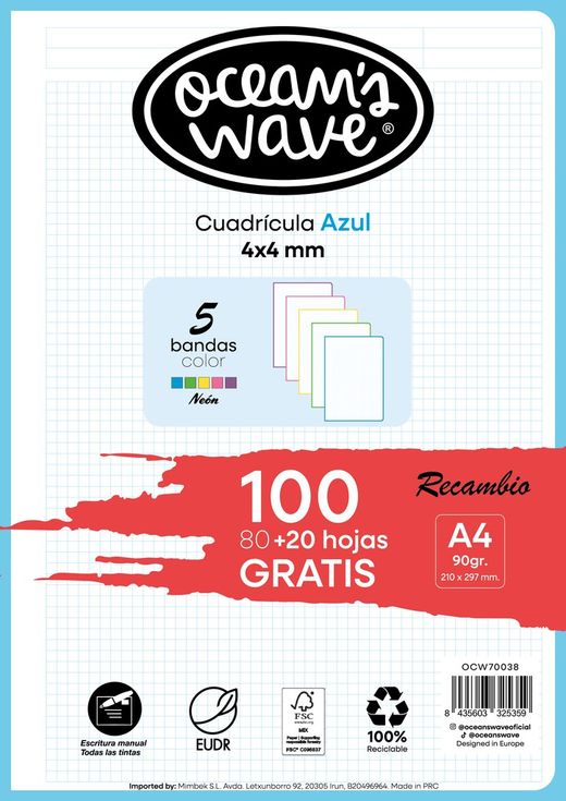 Recambio hojas cuadrícula 4x4 mm. Bandas neón. 80 hojas+20 GRATIS