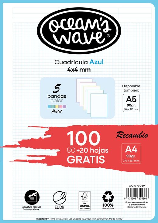 Recambio hojas cuadrícula 4x4 mm. Bandas pastel. 80 hojas+20 GRATIS