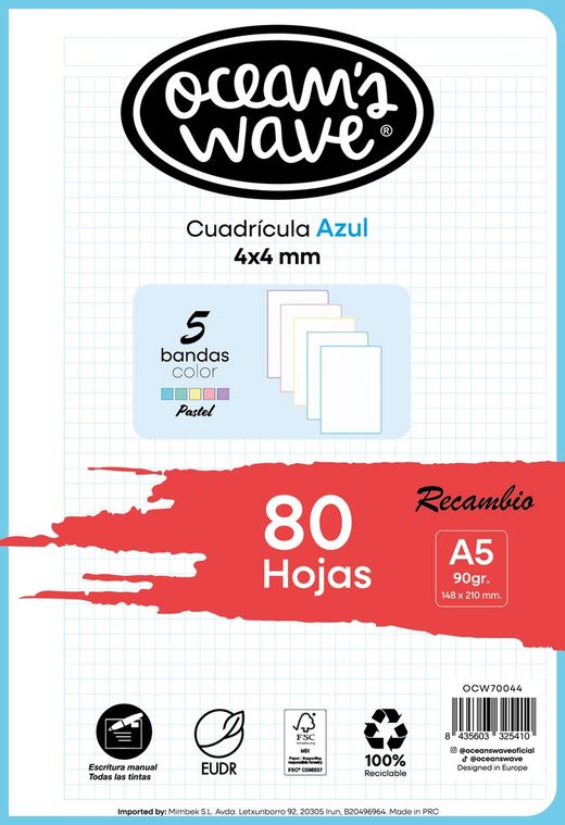Recambio hojas cuadrícula 4x4 mm. Din A5. Bandas pastel. 80 hojas.
