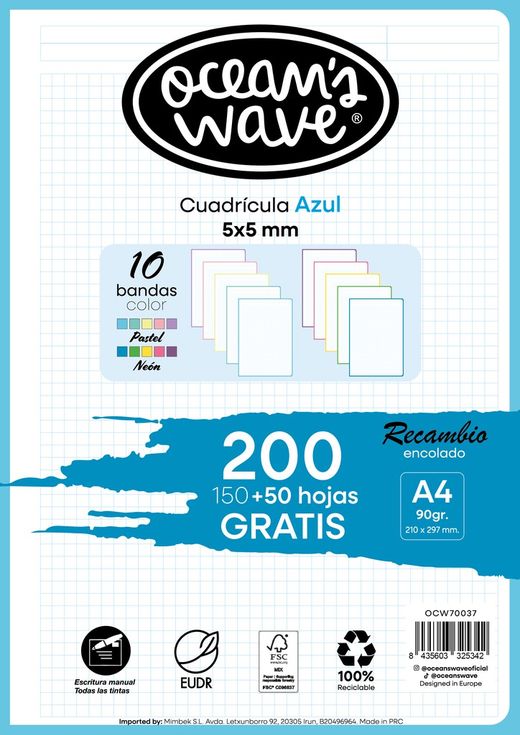 Recambio hojas cuadrícula 5x5 mm. 150 hojas+50 GRATIS