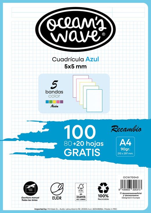 Recambio hojas cuadrícula 5x5 mm. Bandas neón. 80 hojas+20 GRATIS
